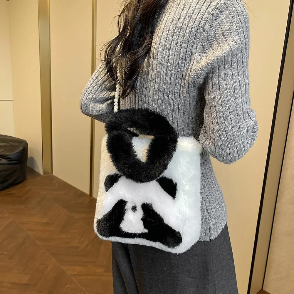 Women Panda Furry Shoulder Bag with Chain Strap Fluffy Panda Crossbody Bag Large Capacity Plush Panda Tote Handbag L