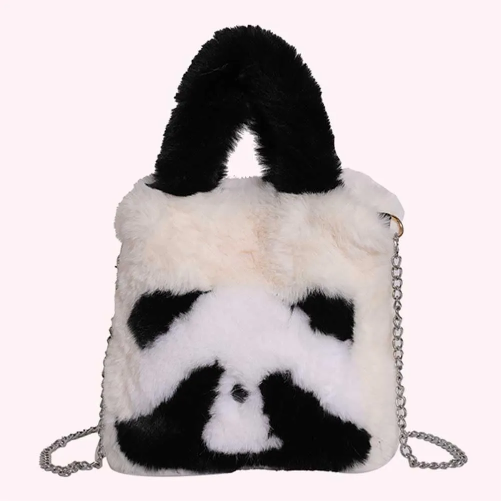 Women Panda Furry Shoulder Bag with Chain Strap Fluffy Panda Crossbody Bag Large Capacity Plush Panda Tote Handbag L