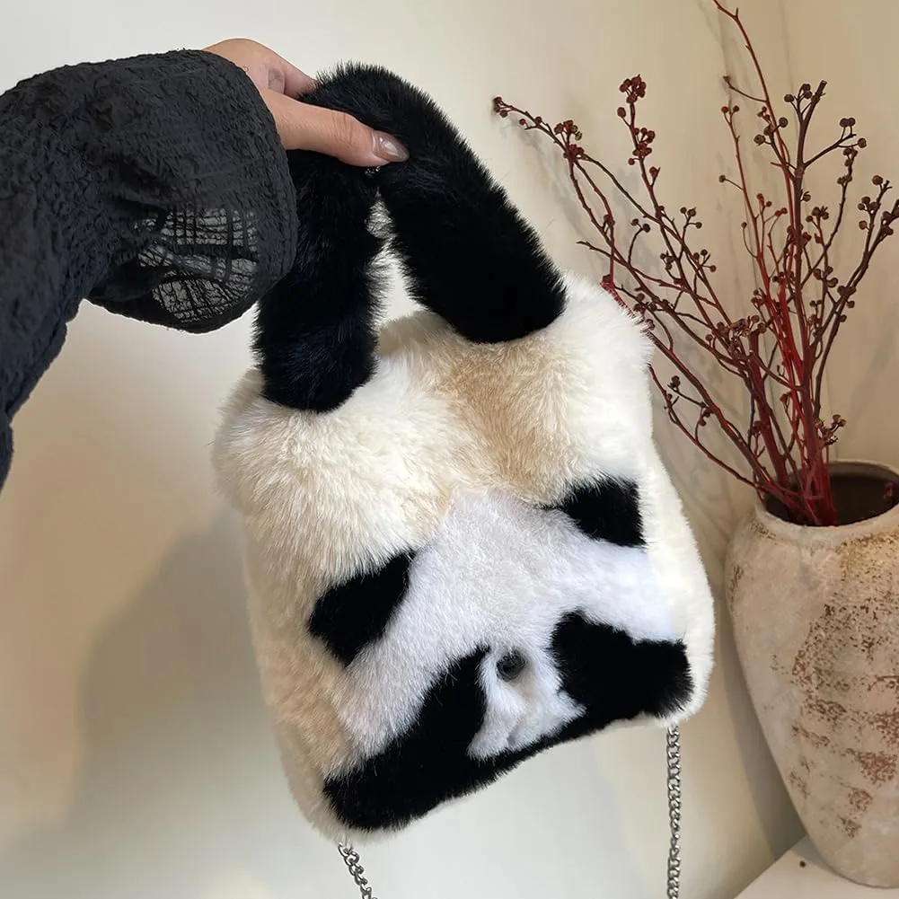 Women Panda Furry Shoulder Bag with Chain Strap Fluffy Panda Crossbody Bag Large Capacity Plush Panda Tote Handbag L