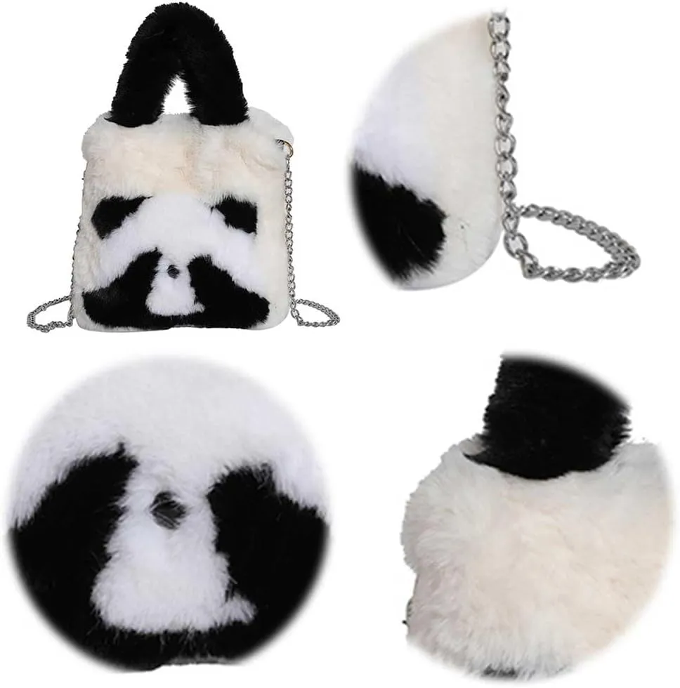Women Panda Furry Shoulder Bag with Chain Strap Fluffy Panda Crossbody Bag Large Capacity Plush Panda Tote Handbag L