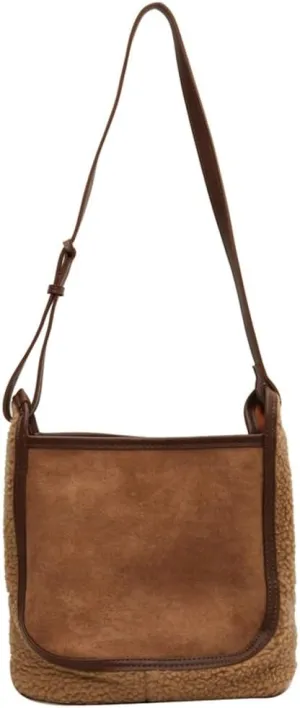 Womens Fashion Vegan Leather Bucket Tote Bag Large Suede Shoulder Crossbody Purse Faux Fur Handbag Satchel 2pcs