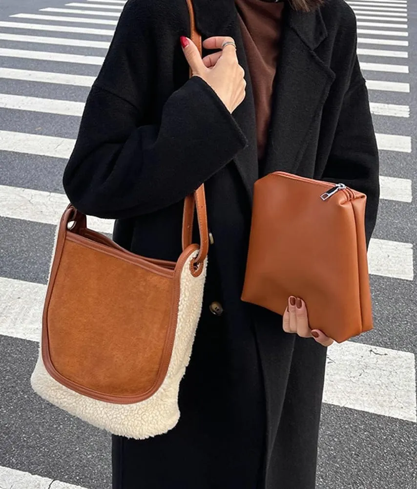 Womens Fashion Vegan Leather Bucket Tote Bag Large Suede Shoulder Crossbody Purse Faux Fur Handbag Satchel 2pcs