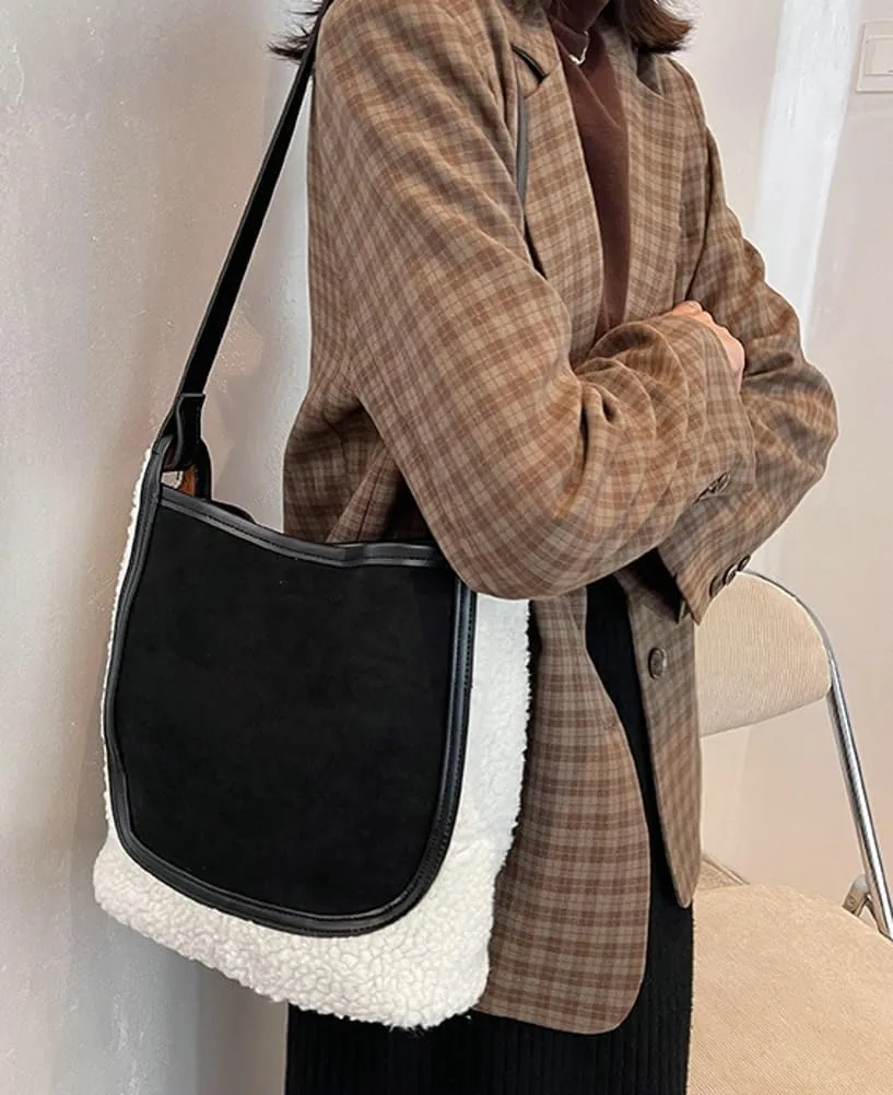 Womens Fashion Vegan Leather Bucket Tote Bag Large Suede Shoulder Crossbody Purse Faux Fur Handbag Satchel 2pcs