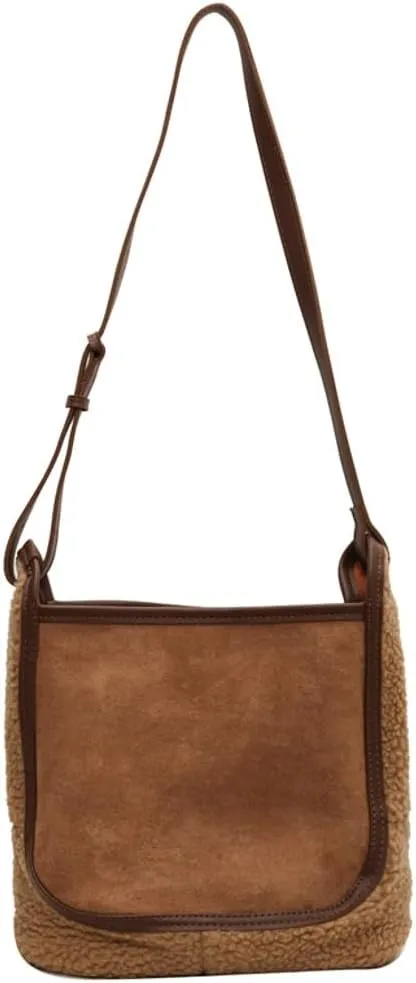 Womens Fashion Vegan Leather Bucket Tote Bag Large Suede Shoulder Crossbody Purse Faux Fur Handbag Satchel 2pcs