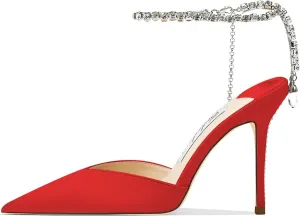 Women's Heeled Sandals Crystal Chain Ankle Straps Rhinestones Buckle High Heels Stiletto Slip On Wedding Party Satin Dress Shoes 3.9 IN