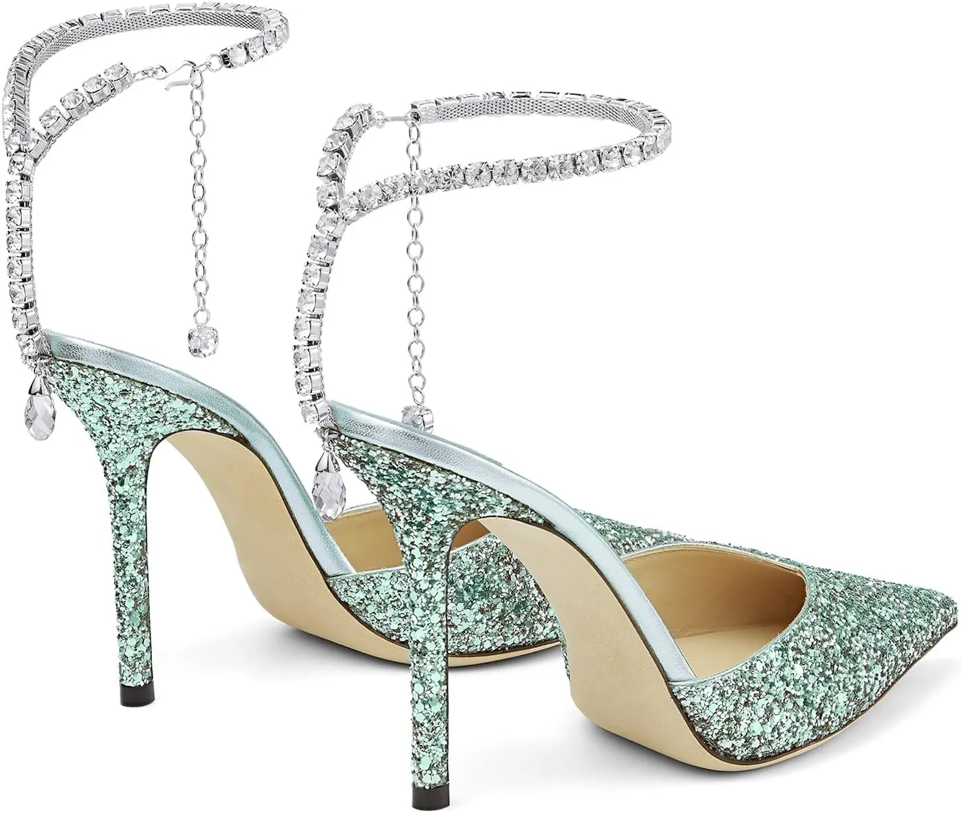 Women's Heeled Sandals Crystal Chain Rhinestone Embellished Strap Pumps Pointy Stilettos Backless Wedding Dressy Bridal Shoes
