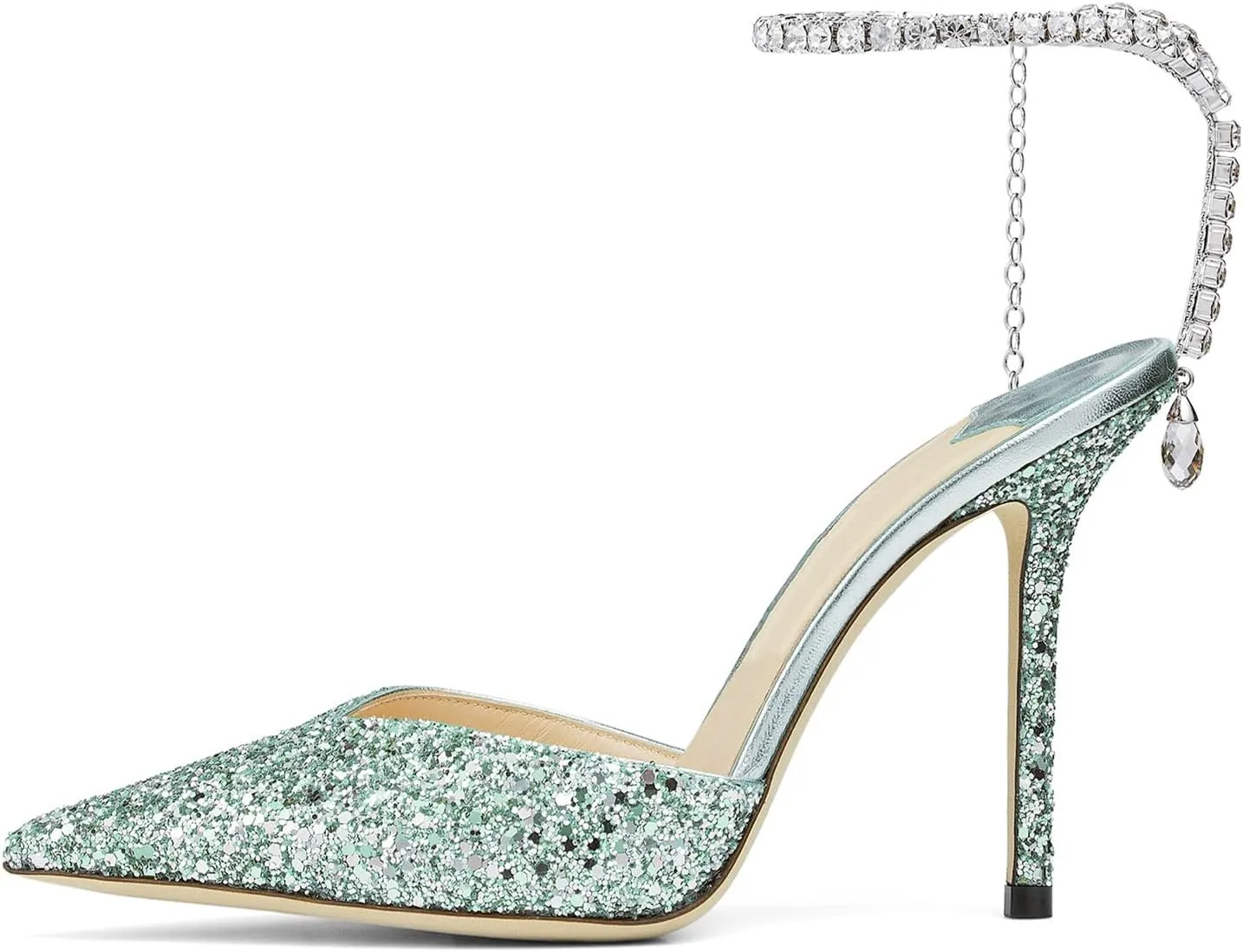 Women's Heeled Sandals Crystal Chain Rhinestone Embellished Strap Pumps Pointy Stilettos Backless Wedding Dressy Bridal Shoes