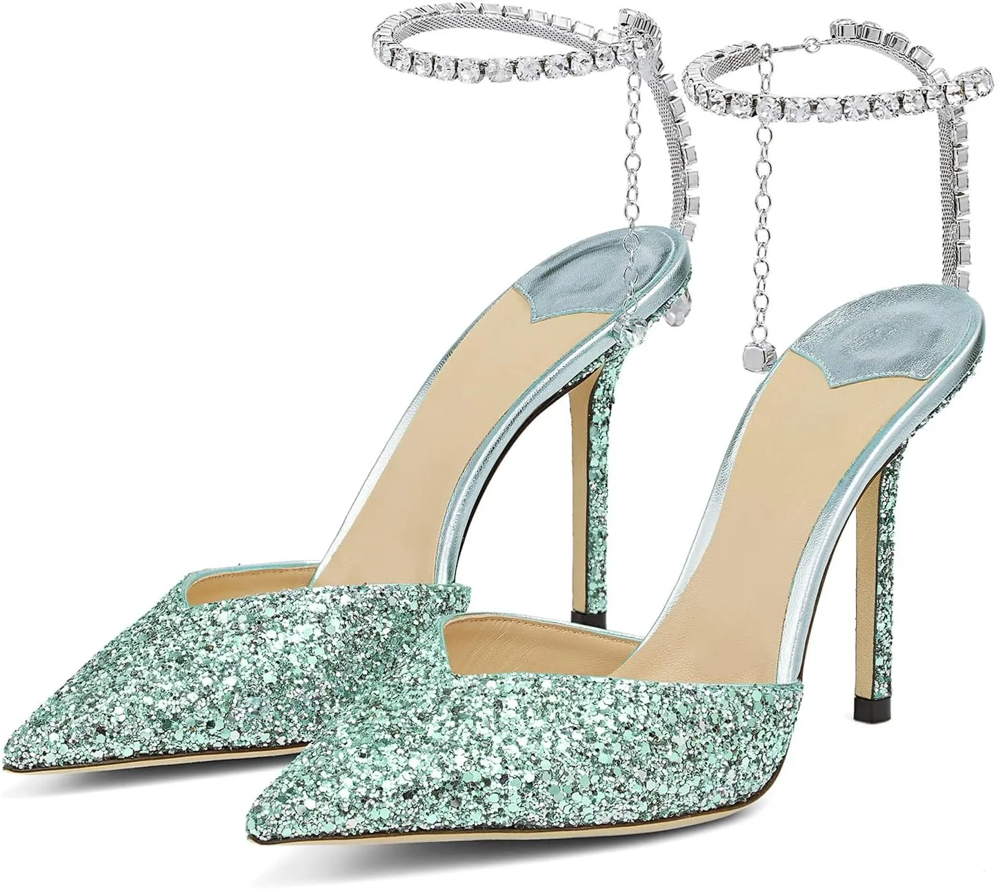 Women's Heeled Sandals Crystal Chain Rhinestone Embellished Strap Pumps Pointy Stilettos Backless Wedding Dressy Bridal Shoes