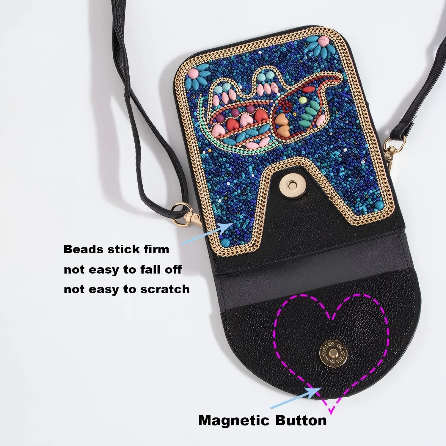 Women's Mobile Phone Bag, Cellphone Pouch, Retro Beads Shoulder Bag, Handcrafted Embellished Clutch Purse, Beaded Design
