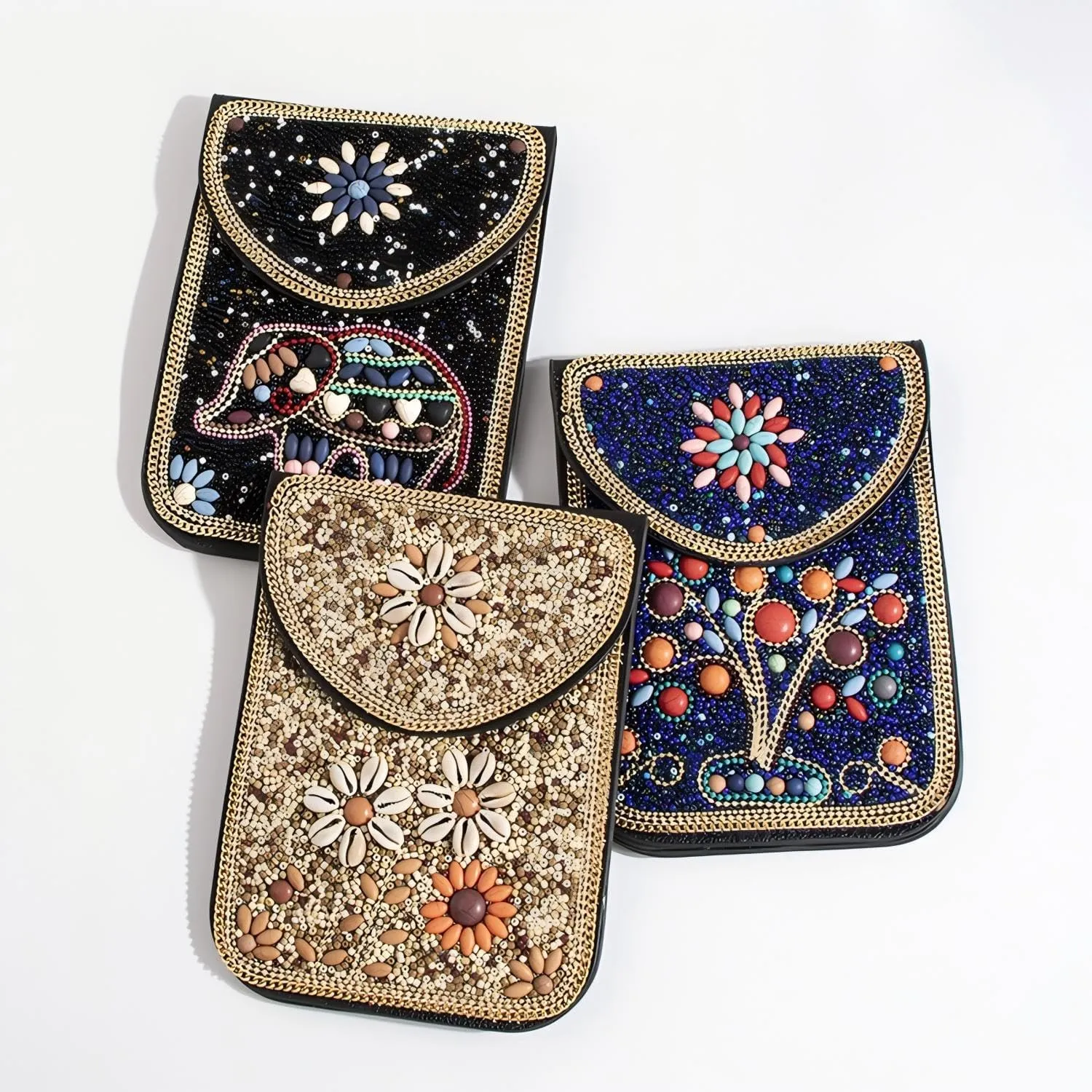 Women's Mobile Phone Bag, Cellphone Pouch, Retro Beads Shoulder Bag, Handcrafted Embellished Clutch Purse, Beaded Design