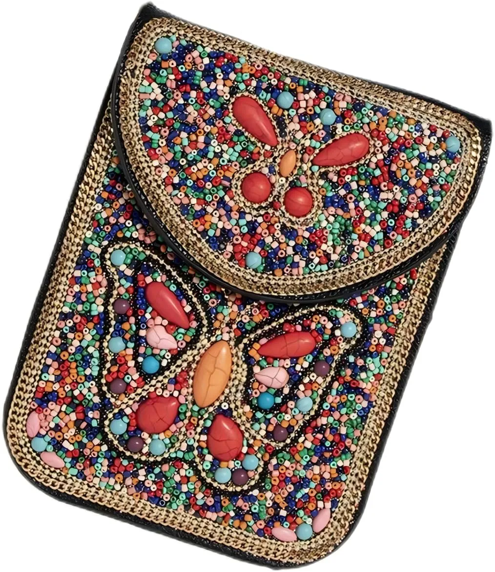Women's Mobile Phone Bag, Cellphone Pouch, Retro Beads Shoulder Bag, Handcrafted Embellished Clutch Purse, Beaded Design