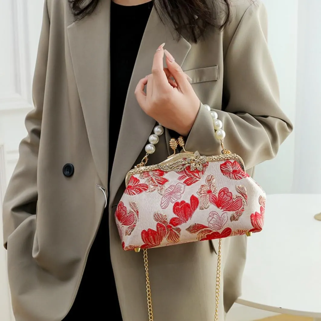 Women's Phalaenopsis Floral Pearl Evening Purse Pearl Shoulder Crossbody Bags for Wedding Party Everyday Outfits