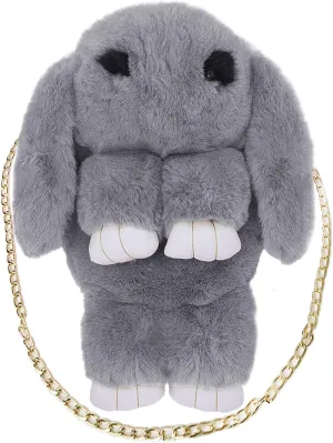 Womens' Plush Cartoon Rabbit Shaped Fluffy Crossbody Faux Fur Bunny Hare Shoulder Bag Knapsack Travel Sling Bag