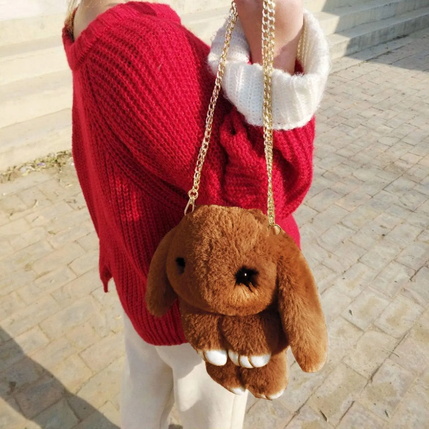 Womens' Plush Cartoon Rabbit Shaped Fluffy Crossbody Faux Fur Bunny Hare Shoulder Bag Knapsack Travel Sling Bag