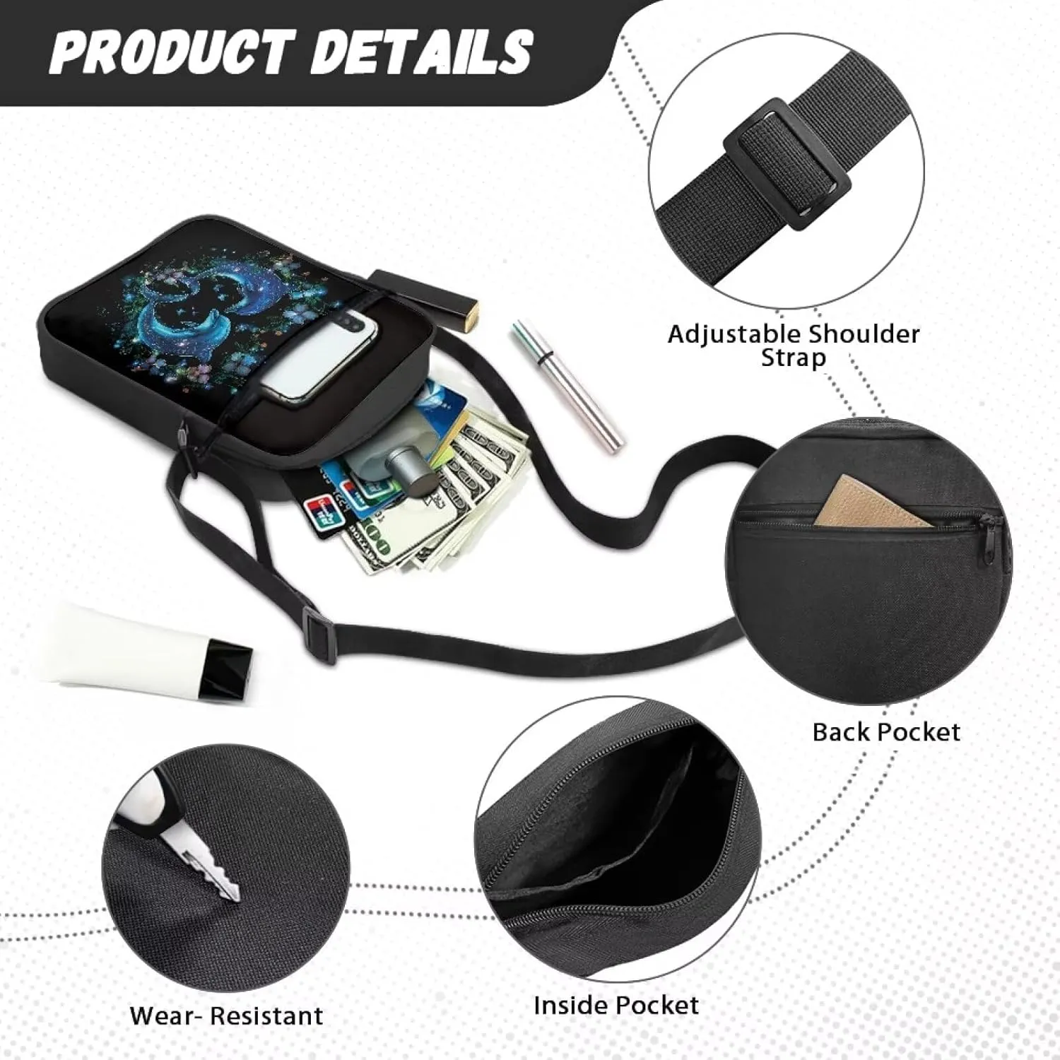 Xoenoiee Small Crossbody Bag Multi-pocket, Unisex Mini Messenger Bag Multi-functional Shoulder Bag for Outing Daily