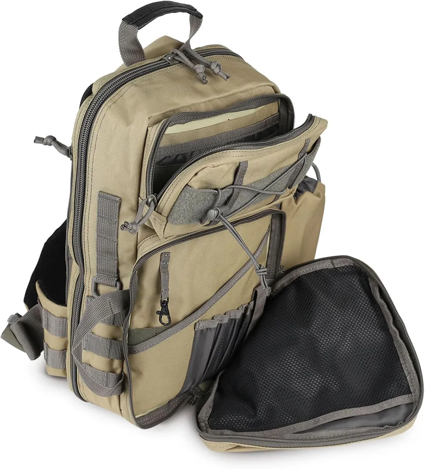 Yukon Outfitters Overwatch Sling Pack - EDC Hiking Outdoor Urban Ergonomic Spacious 20 Liter Tactical One-Shoulder Backpack | Bottle Cinch Pouch Included, Coyote/Foliage