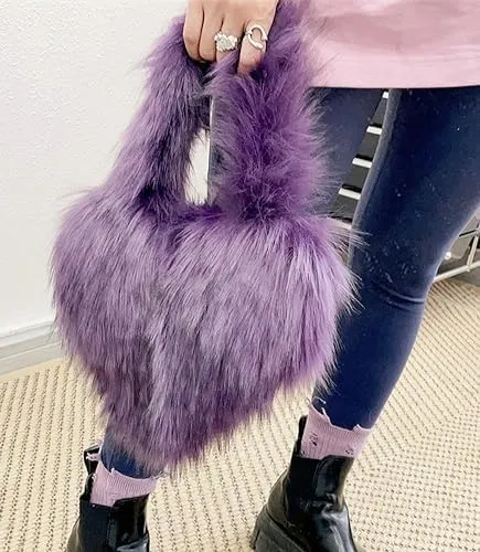 YXCFEWD Furry Heart Shaped Crossbody Bag for Women - Plush Y2K Handbag with Soft Shoulder Strap