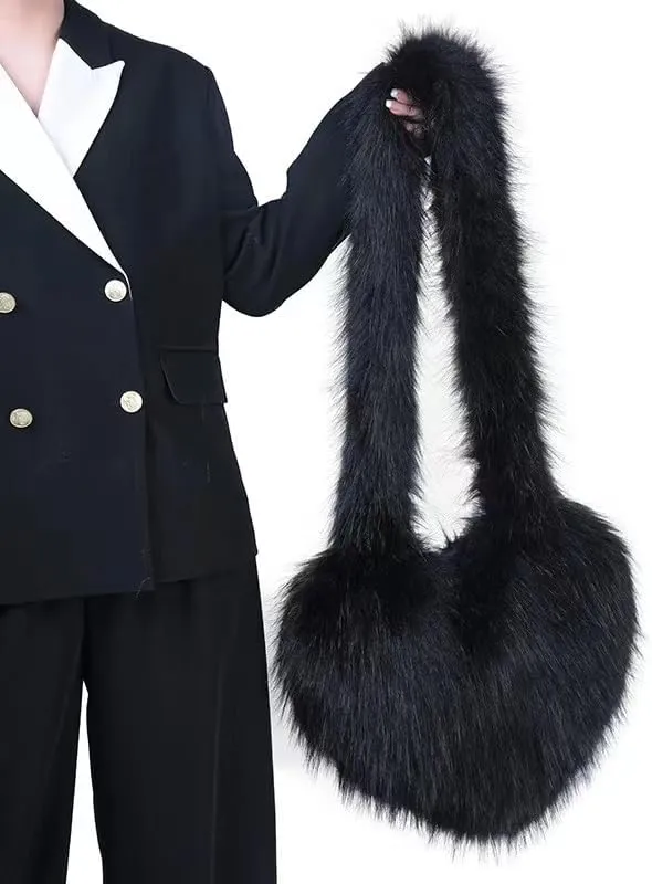 YXCFEWD Furry Heart Shaped Crossbody Bag for Women - Plush Y2K Handbag with Soft Shoulder Strap