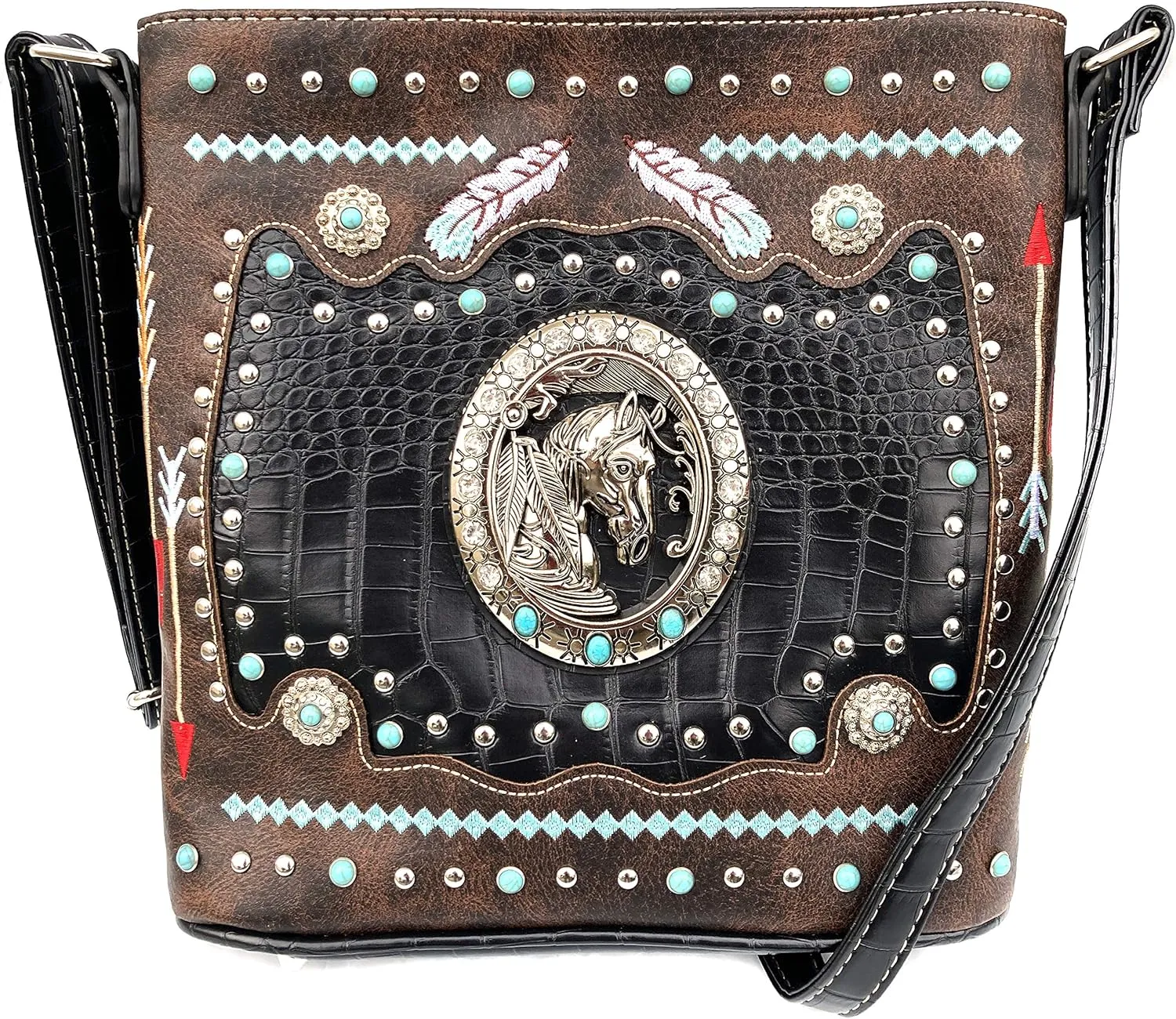 Zelris Western Horse Embroidered Feathers Turquoise PU Leather Concealed Carry Women Crossbody Bag