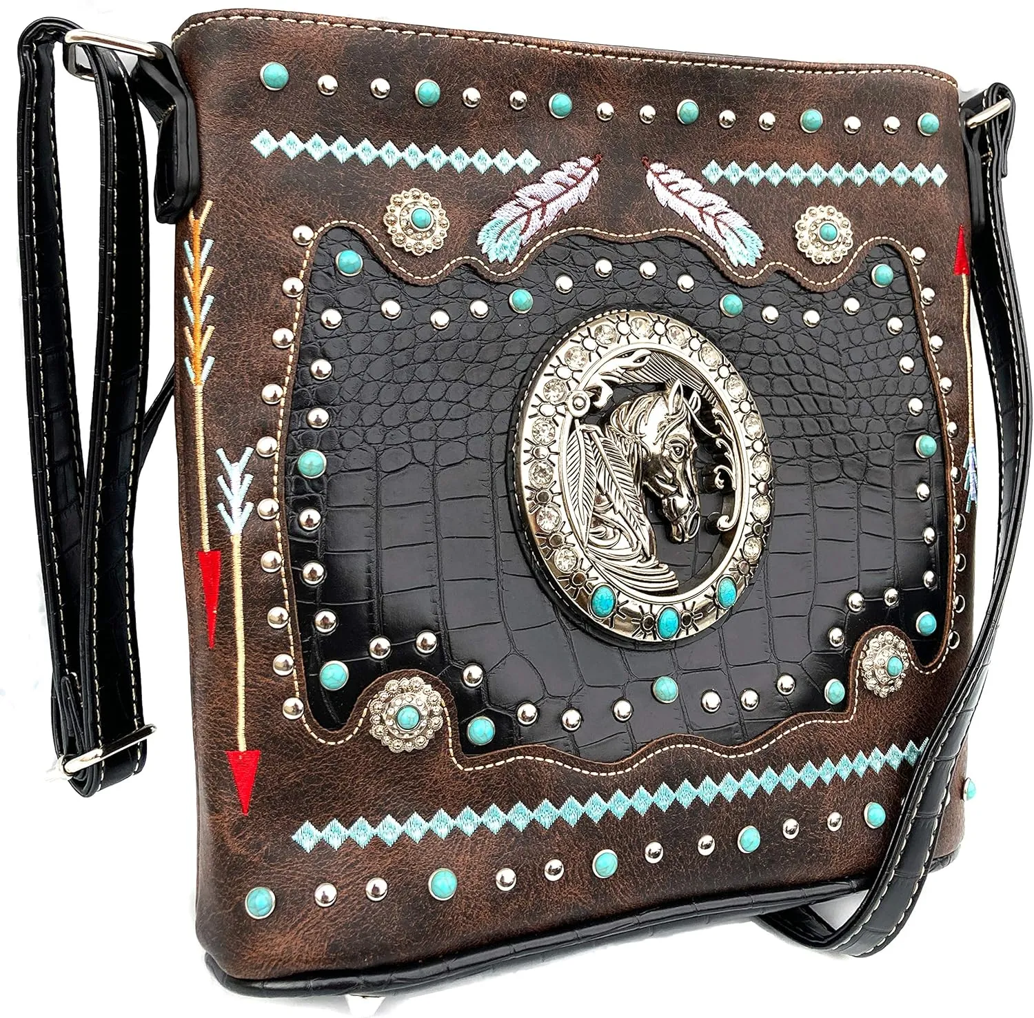 Zelris Western Horse Embroidered Feathers Turquoise PU Leather Concealed Carry Women Crossbody Bag
