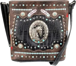Zelris Western Horse Embroidered Feathers Turquoise PU Leather Concealed Carry Women Crossbody Bag