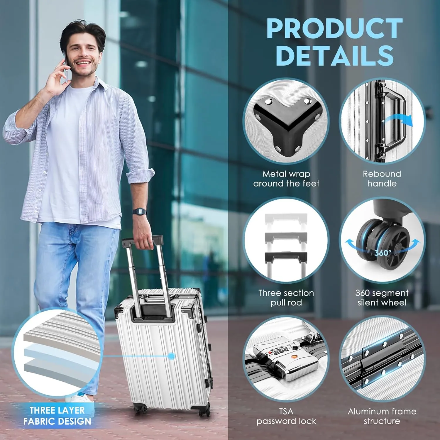 Zipperless Luggage | 24 Inch Checked suitcase | TSA Lock, Scratch-Proof Hardshell & Silent Wheels | Lightweight Carry-On for Business Travel (White)