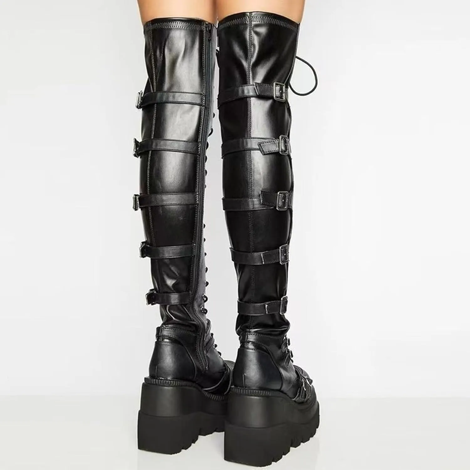 ZKXYFFS Womens Platform Over The Knee Boots Chunky High Heel Wedge Boots Side Zip Lace up Motorcycle Riding Boots Combat Boots for Women