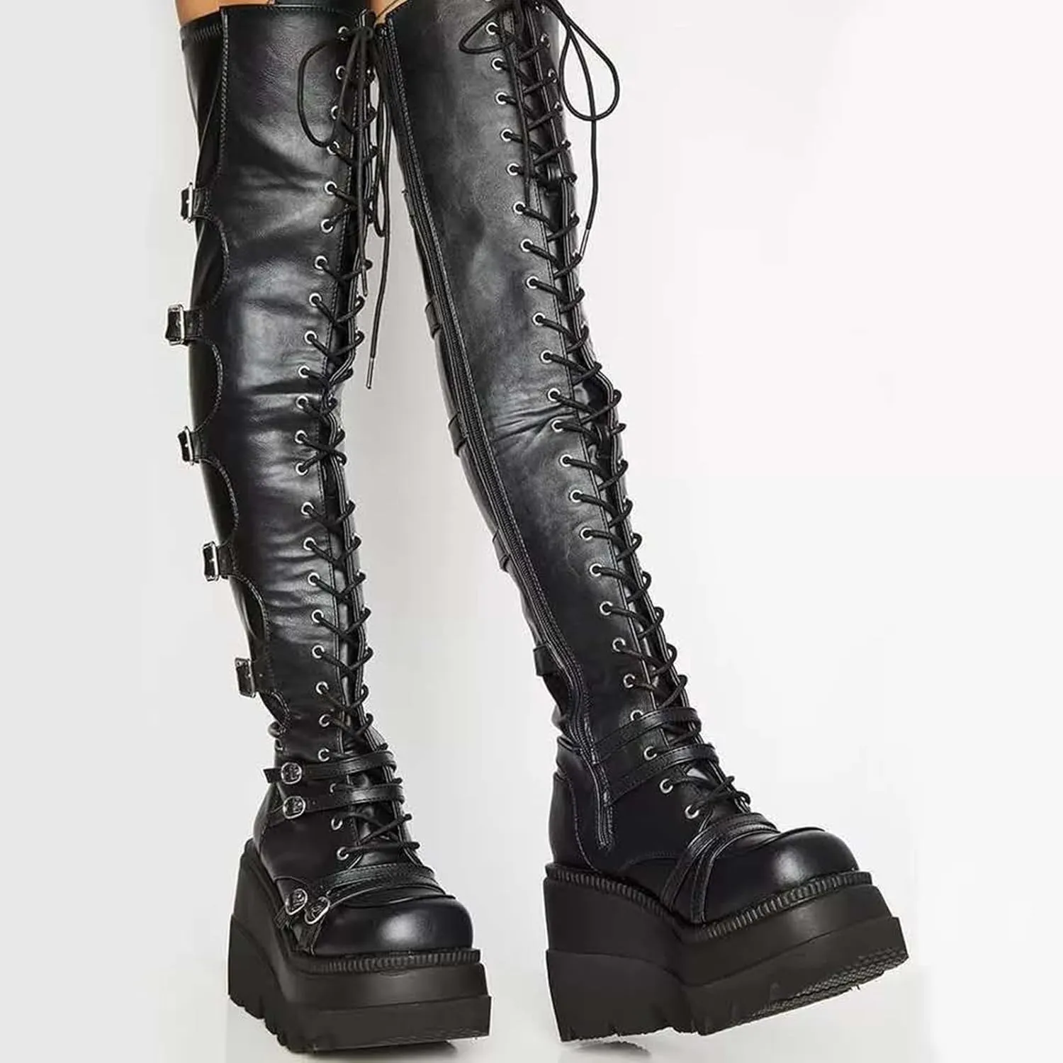 ZKXYFFS Womens Platform Over The Knee Boots Chunky High Heel Wedge Boots Side Zip Lace up Motorcycle Riding Boots Combat Boots for Women