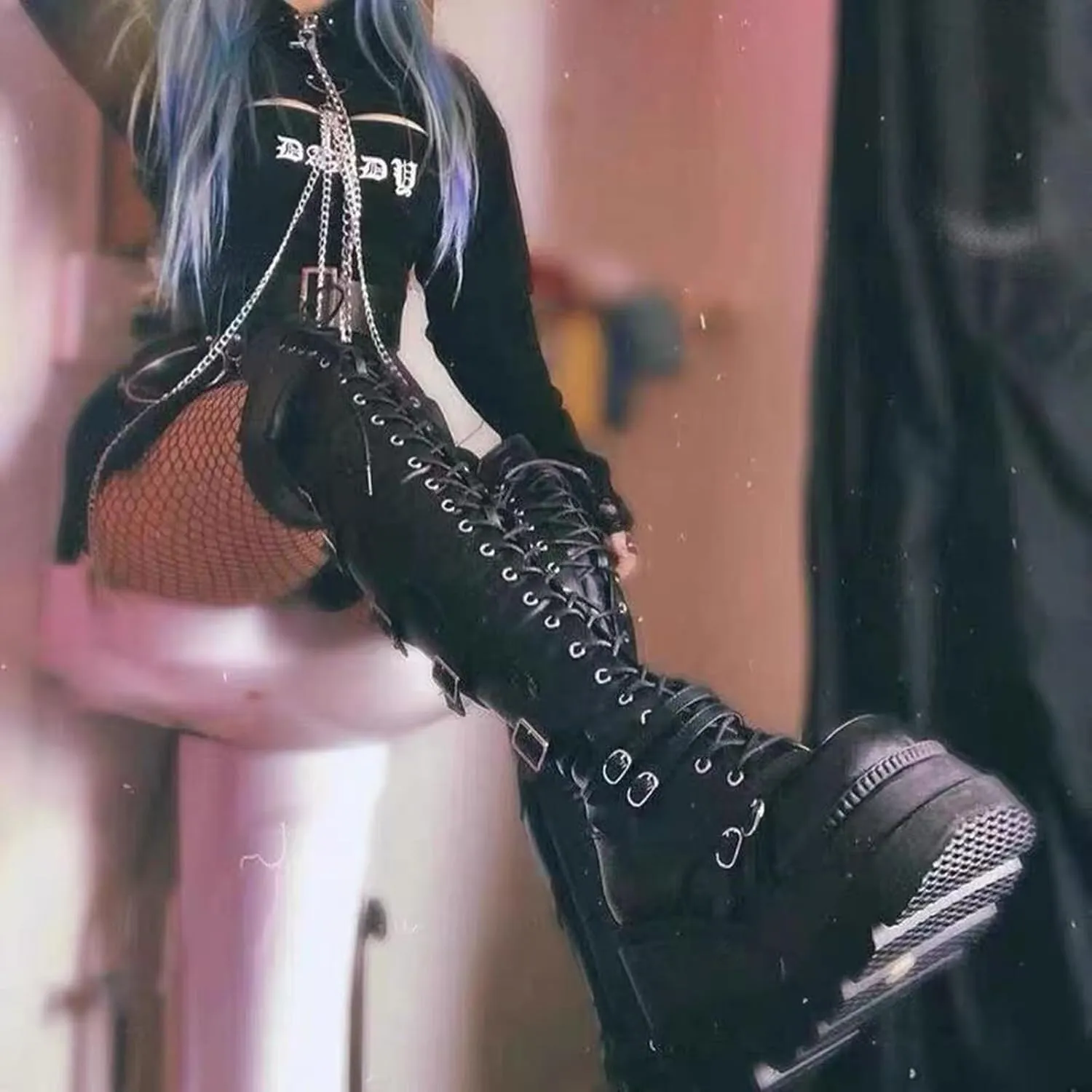 ZKXYFFS Womens Platform Over The Knee Boots Chunky High Heel Wedge Boots Side Zip Lace up Motorcycle Riding Boots Combat Boots for Women