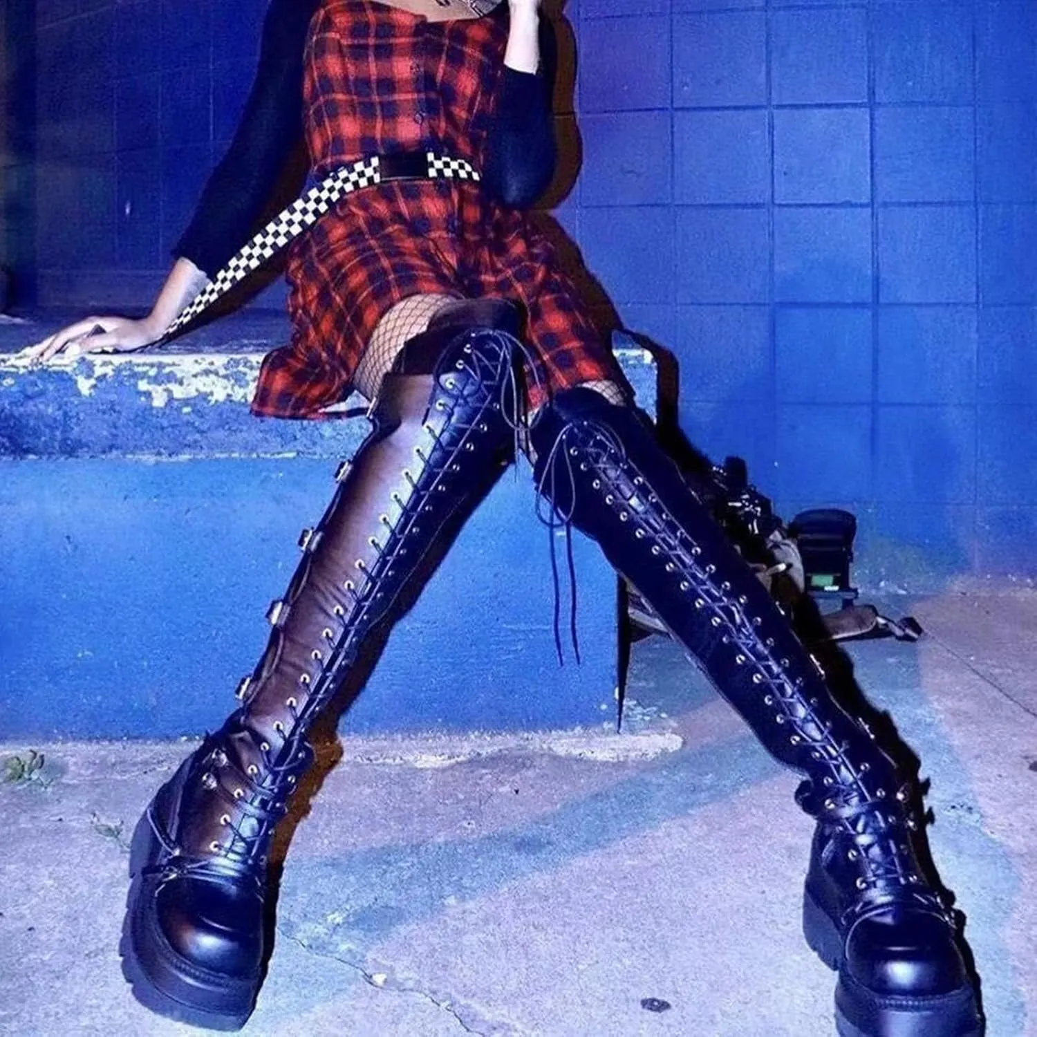 ZKXYFFS Womens Platform Over The Knee Boots Chunky High Heel Wedge Boots Side Zip Lace up Motorcycle Riding Boots Combat Boots for Women