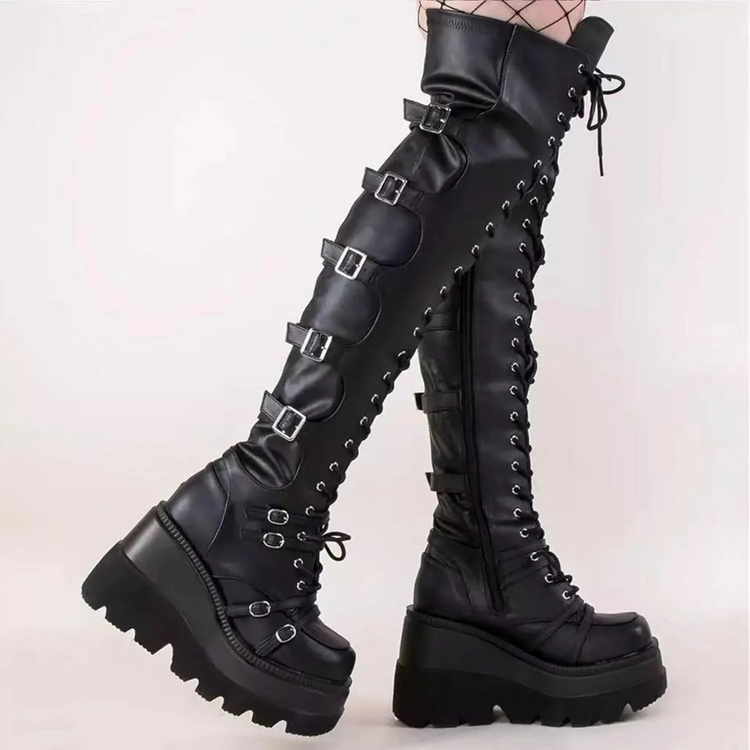 ZKXYFFS Womens Platform Over The Knee Boots Chunky High Heel Wedge Boots Side Zip Lace up Motorcycle Riding Boots Combat Boots for Women