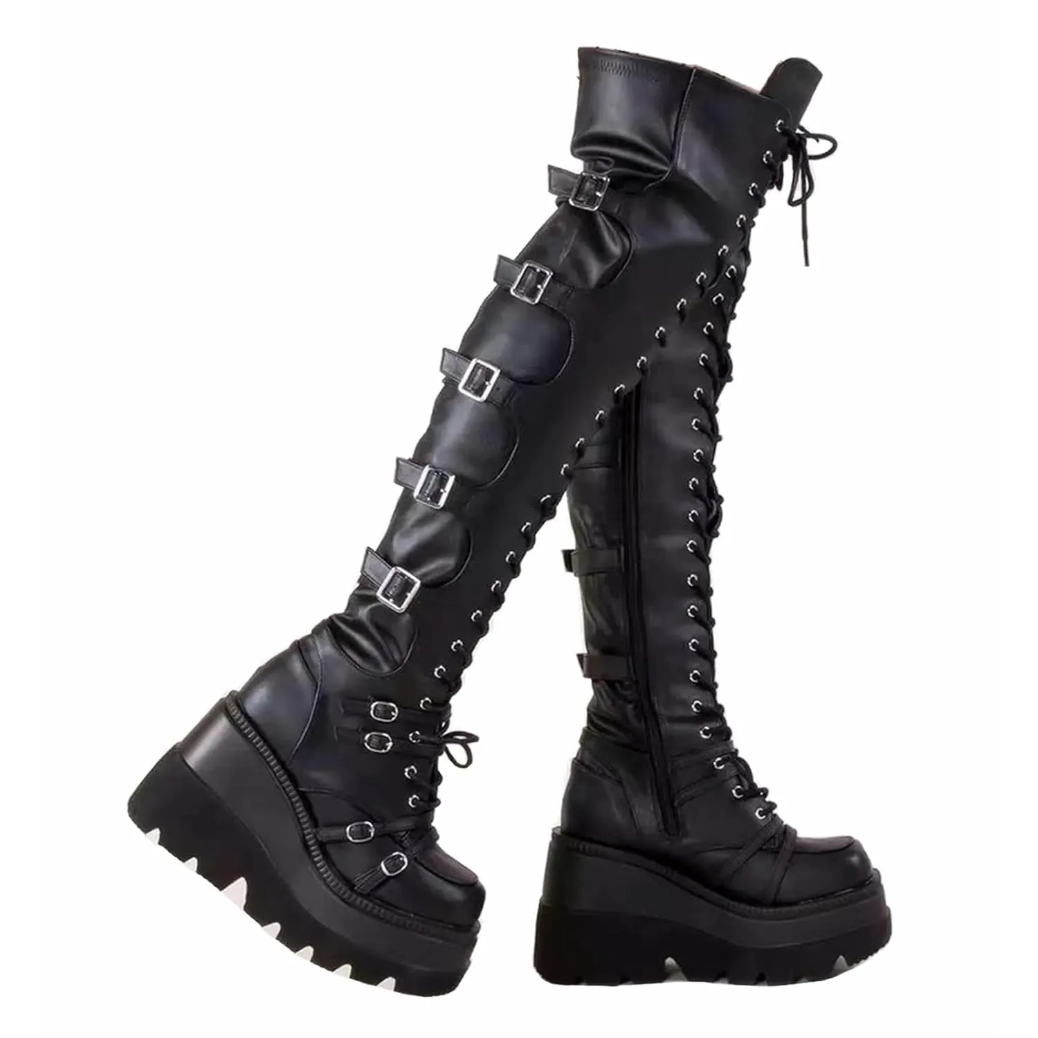 ZKXYFFS Womens Platform Over The Knee Boots Chunky High Heel Wedge Boots Side Zip Lace up Motorcycle Riding Boots Combat Boots for Women