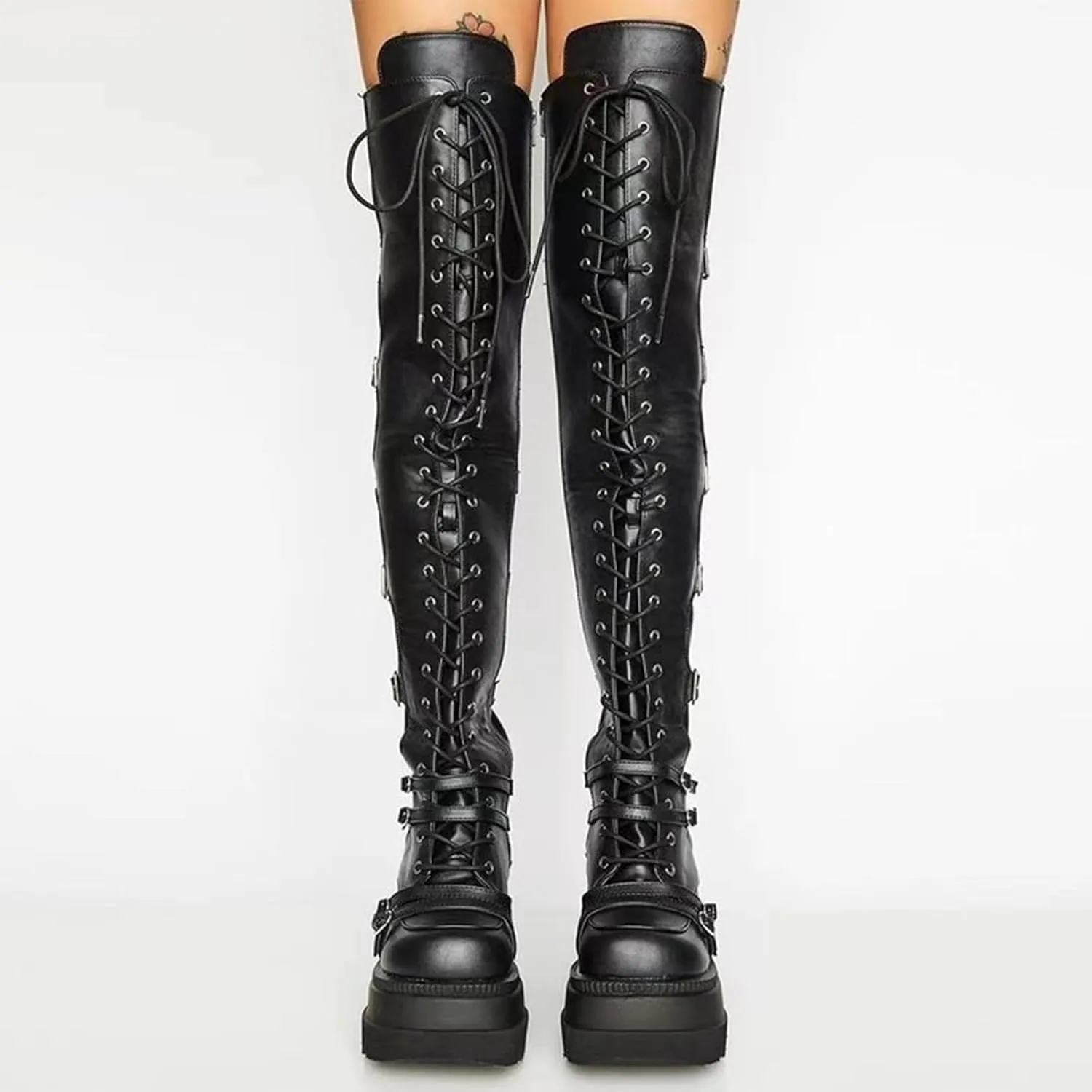 ZKXYFFS Womens Platform Over The Knee Boots Chunky High Heel Wedge Boots Side Zip Lace up Motorcycle Riding Boots Combat Boots for Women